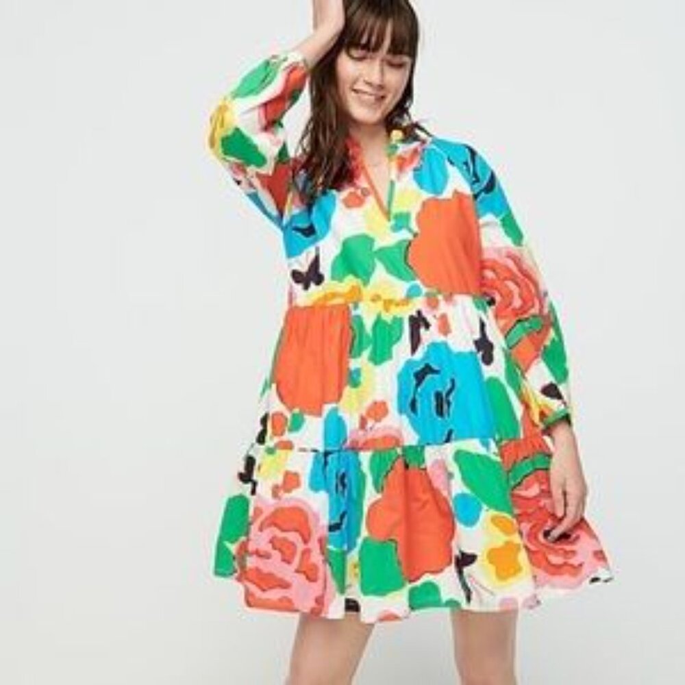 J. Crew Ratti Multicolor Floral Long Sleeve Tiered Dress